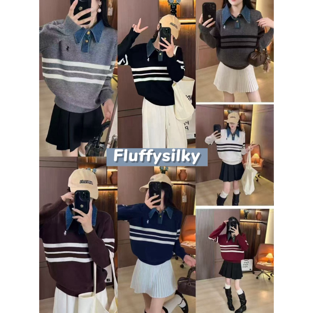 🚚สินค้าพร้อมส่ง💗🧵เสื้อสเวตเตอร์คอโปโลยีนส์ ทรงหลวม
