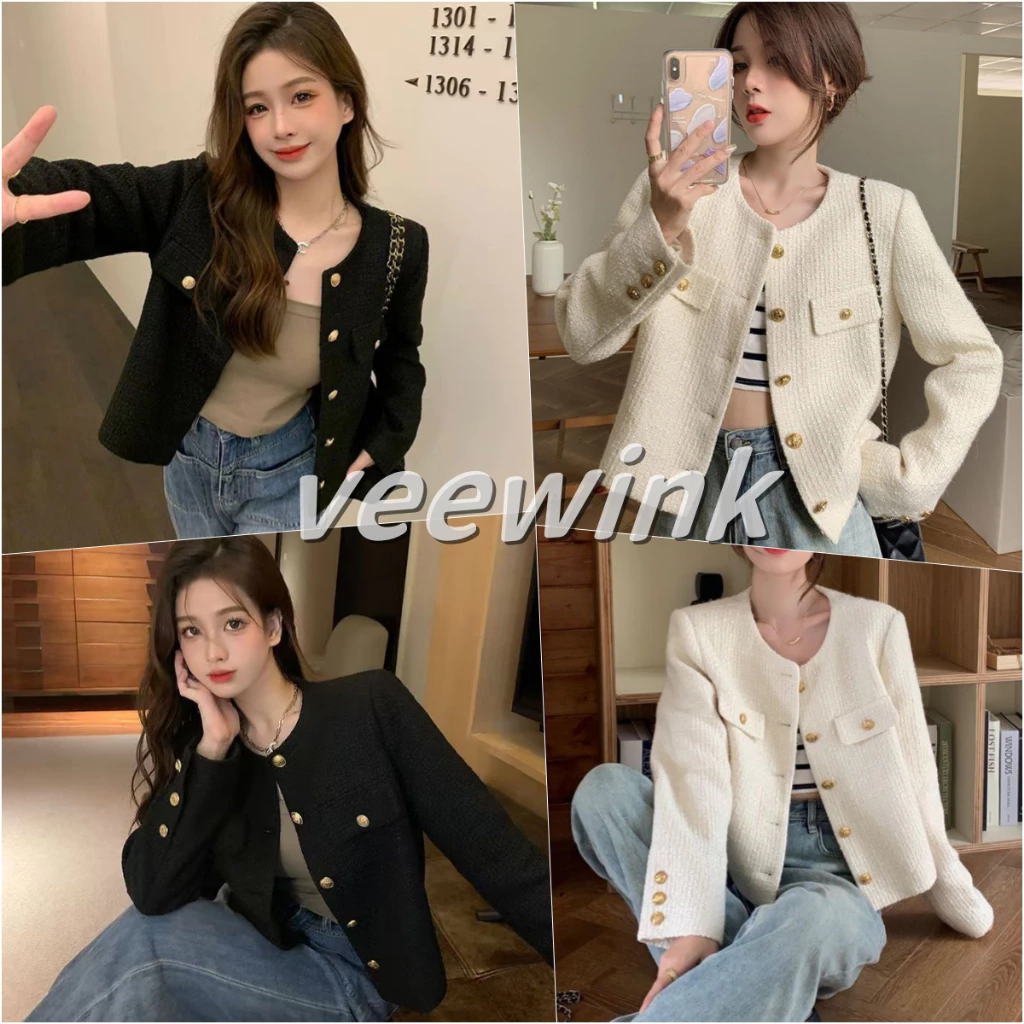 Veewink เสื้อแจ็กเก็ตสั้นสไตล์ชาแนล คอกลม เนื้อผ้าทอสาน สำหรับสาวตัวเล็ก