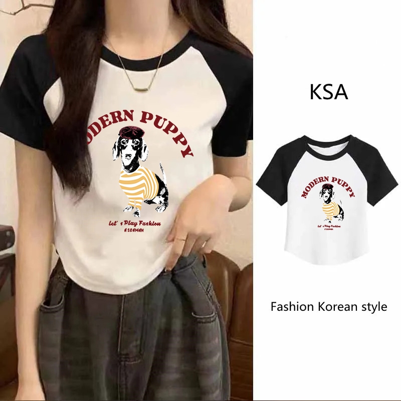 เสื้อครอปเข้ารูปน่ารักๆ สีทูโทน เสื้อผ้าสาวอวบแฟชั่นฤดูร้อนใหม่ สไตล์เกาหลี เสื้อยืดลายการ์ตูนรัดรูปสวยๆผู้หญิง สลิมฟิต