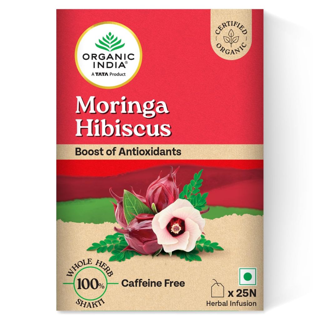 ชาอินเดีย Organic India, Moringa Hibiscus ชาสมุนไพร สูตรใบมะรุมเเละดอกกระเจี๊ยบ 25 ซอง