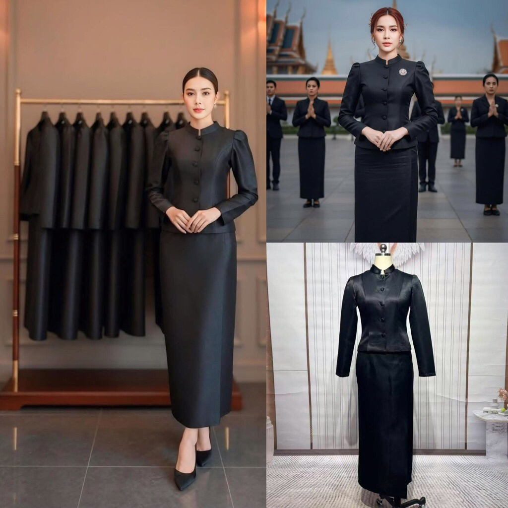 (M,XL,4XL)ชุดไทยจิตรลดาสีดำ เสื้อคอตั้ง กระดุมหน้า แขนยาว +ผ้าถุงทรงป้ายหน้าผ่าหลัง ใส่ออกงาน