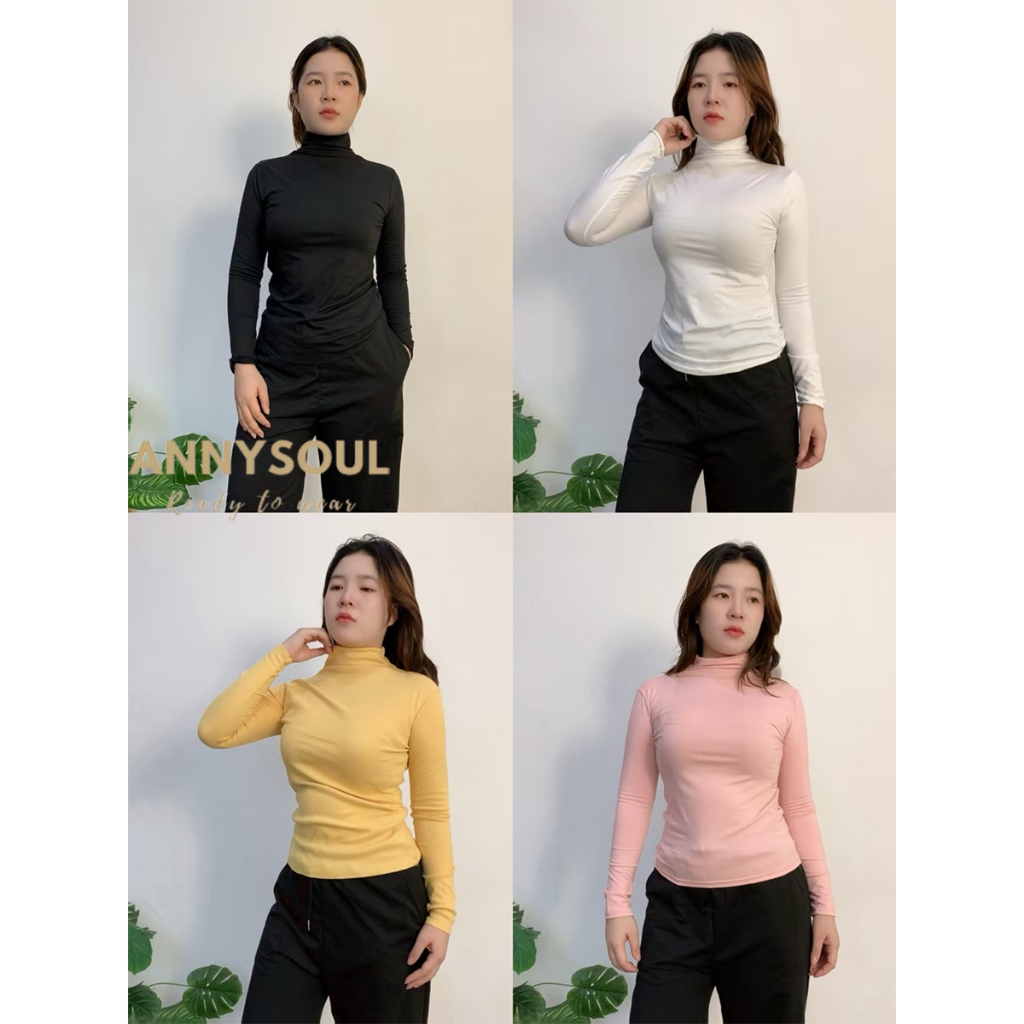 เสื้อยืดคอเต่าแขนยาว ทรงรัดรูป สีพื้น