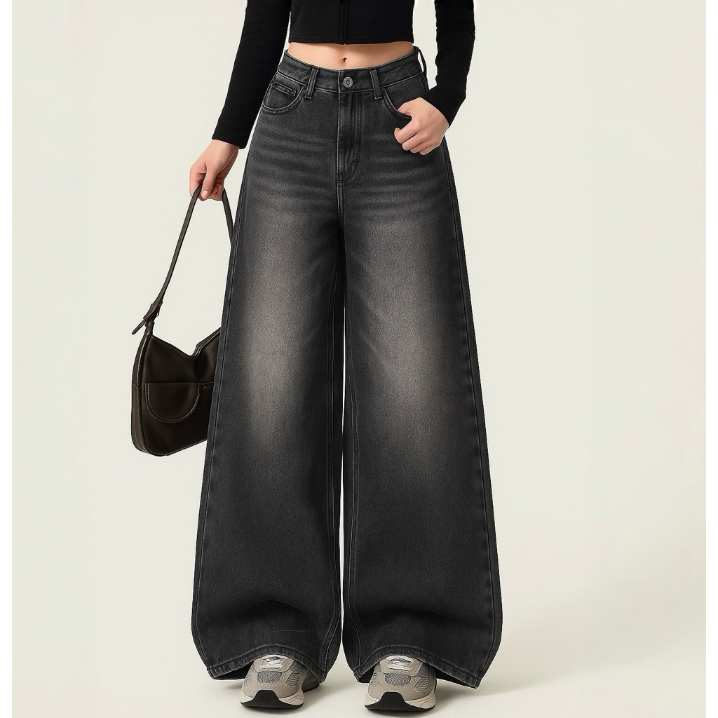 #1989 (XS-6XL) jinjeans กางเกงยีนส์ขากระบอกใหญ่ baggy jeans สีดำฟอก