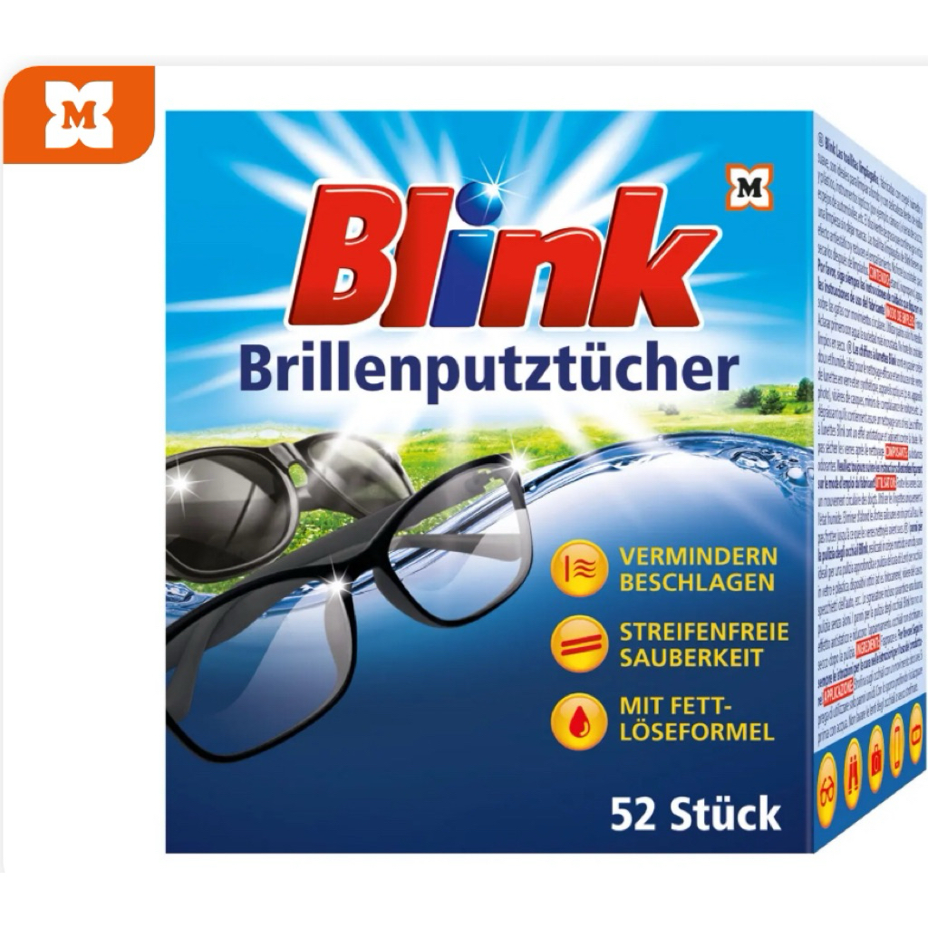 ผ้าเช็ดแว่นสูตรแห้งไวไม่ทิ้งคราบ นำเข้าเยอรมัน  Blink Brillenputztücher 52ชิ้น