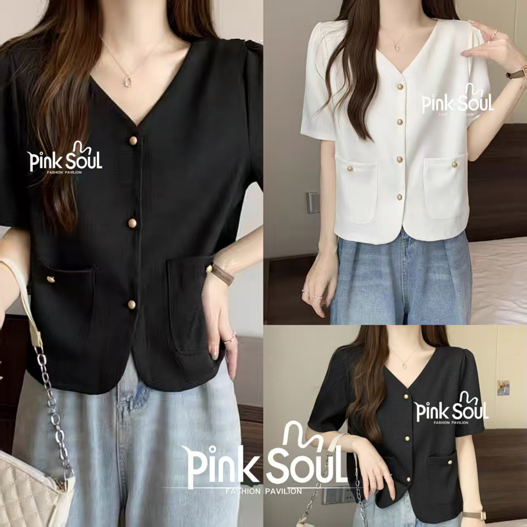 Kaekai พร้อมส่ง เสื้อคลุม แขนสั้น คอวี ทรงเรียบง่าย สไตล์ลำลอง มีกระเป๋าหน้าสองข้าง ดีไซน์กระดุม งานผ้าฝ้ายใส่สบาย