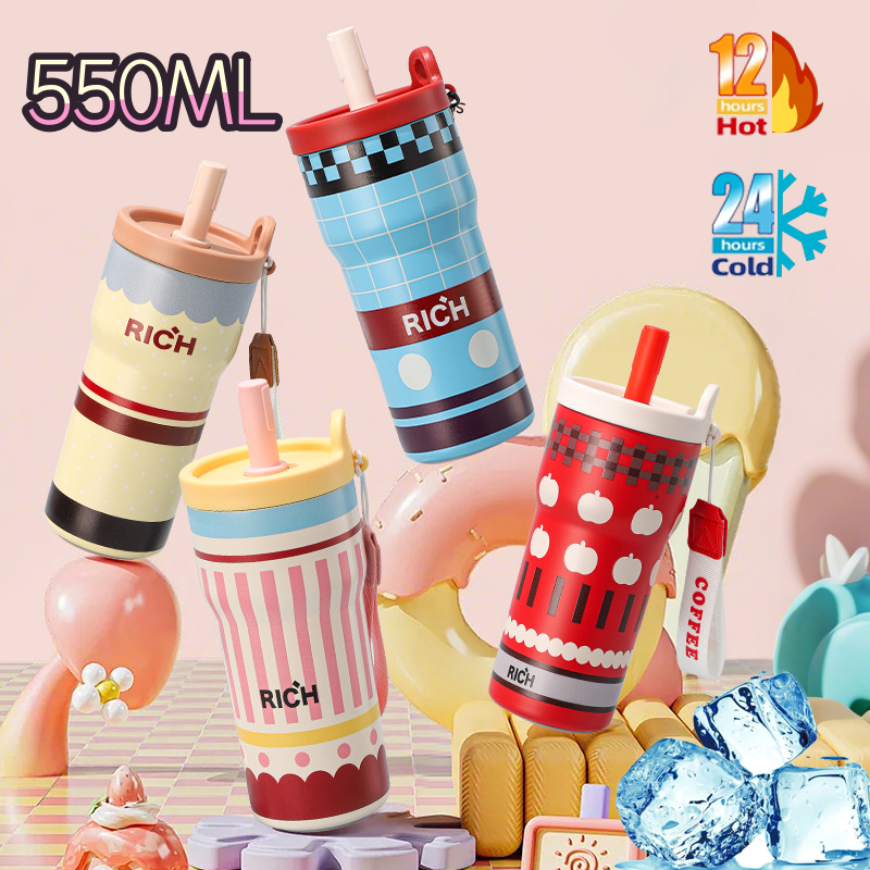 พร้อมส่ง 550ML แก้วเก็บความเย็น ถ้วยฟางสไตล์เรโทร 316 ถ้วยกาแฟสแตนเลสแบบพกพาพ เก็บอุณหภูมิได้นาน ดีไซน์น่ารัก