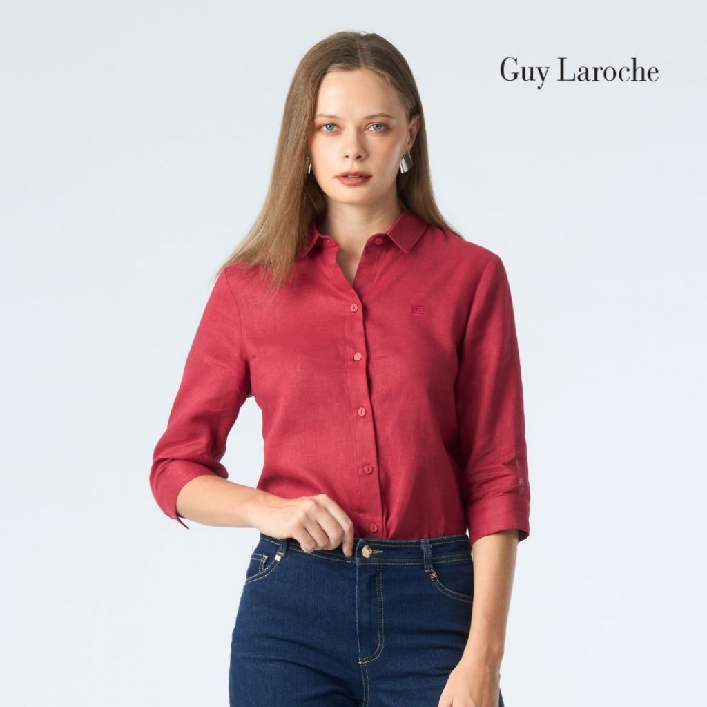 Guy Laroche เสื้อ ไลท์ ลินิน แขนล้ำ สีแดงอิฐ G9U1DE