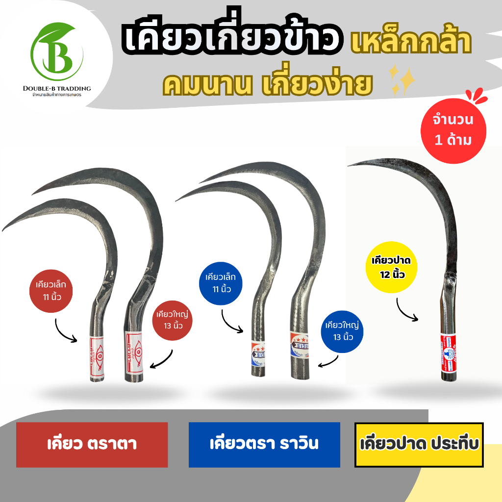 เคียว เคียวเกี่ยวข้าว ( 1ด้าม ) เคียวเกี่ยวหญ้า ตราตา ตราราวิน เคียวเล็กและใหญ่ ผลิตจากเหล็กกล้า
