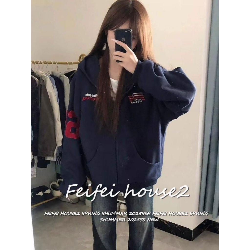 [Casual number embroidery hooded coat]เสื้อแจ็คเก็ตแขนยาวมีซิปปักตัวเลขทัลฤดูร้อนสำหรับผู้หญิง
