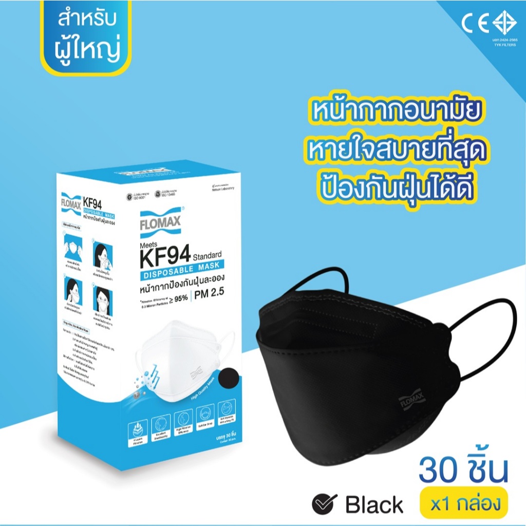 หน้ากากอนามัย หน้ากากป้องกันฝุ่นละออง Flomax KF94 (1แพ็ค= 10 ชิ้้น, 1 กล่อง= 30 ชิ้น,)