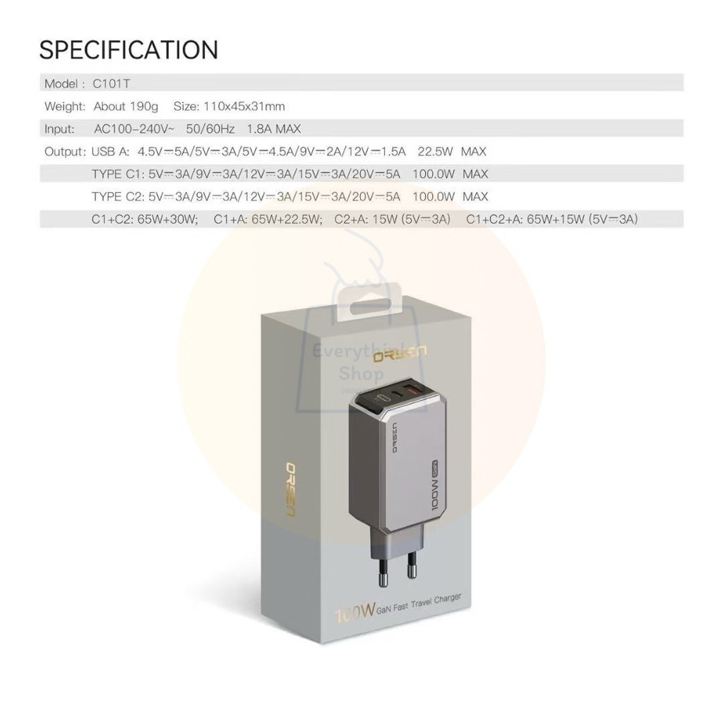 หัวชาร์จ ORSEN รุ่น C101T (100W GaN Fast Travel Charger)