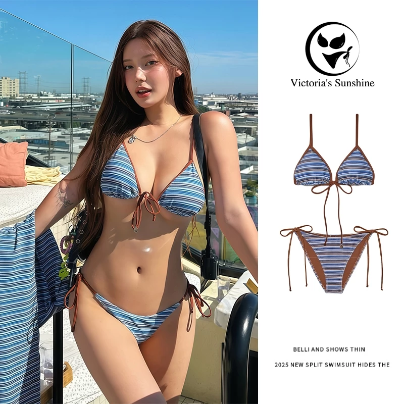 ส่งไวจากไทย ชุดว่ายน้ำแฟชั่น ชุดบิกินี่ ทูพีช stripe ผูกคอ มีฟองน้ำ#1040