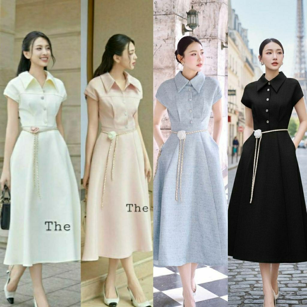 (S-XL)   The Gallery 📣พร้อมส่งเซ็ทเดรสคอปกตัดต่อกระโปรงทรงบาน+เข็มขัดโซ่ดอกไม้เข้าชุด