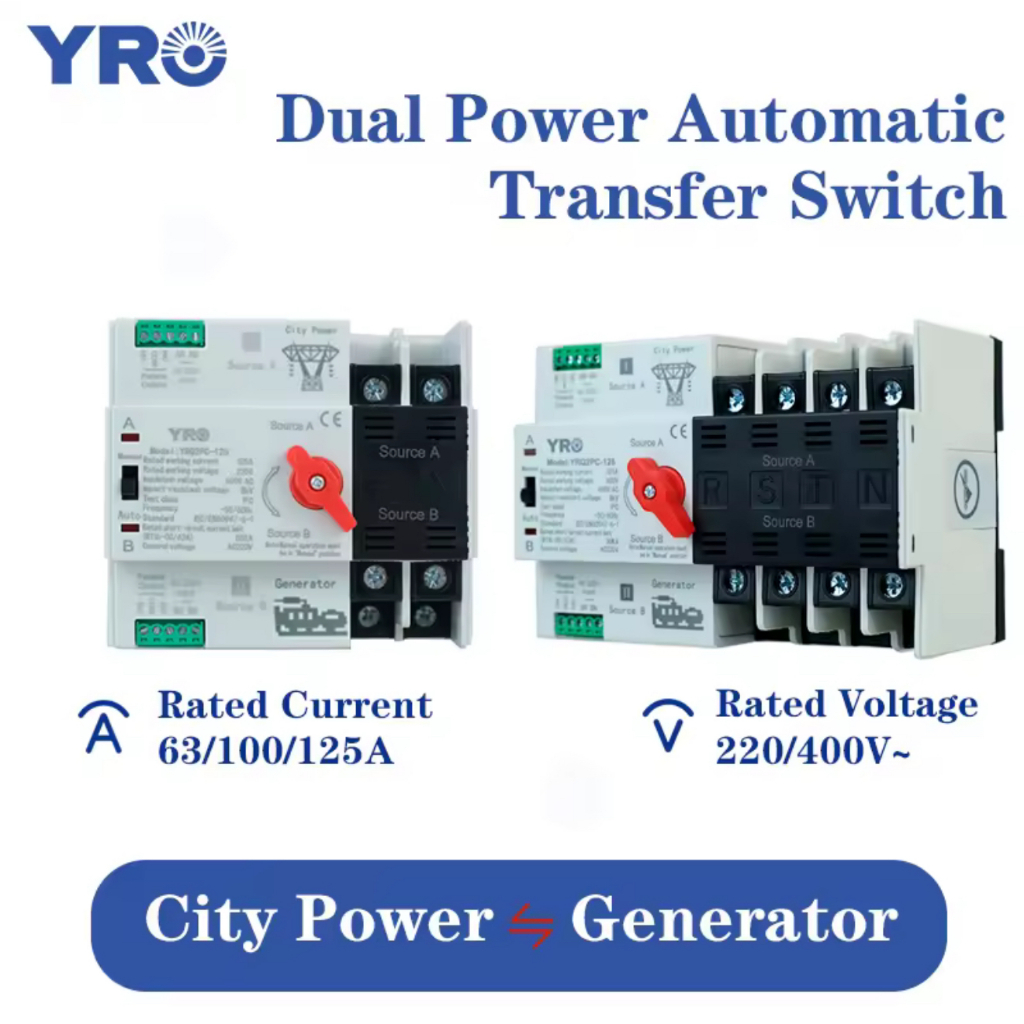 YRO ATS 2P 4P 125A Dual Power ATS เบรกเกอร์สวิทช์ไฟฟ้า ats Automatic transfer switch switch  เวลาในก