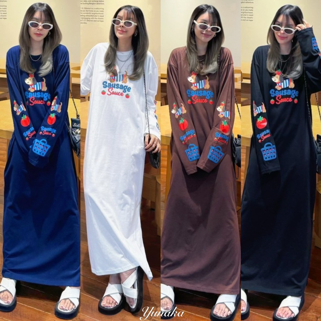 เดรสยาวคอกลม แขนยาว ดีเทลผ่าข้างเกร๊ๆ สกรีนลายกลางอกและช่วงแขน