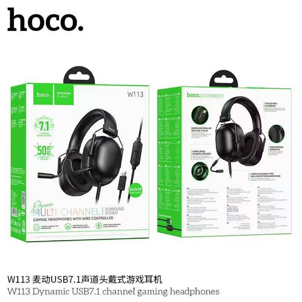 Hoco W113 หูฟังครอบหูสำหรับเล่นเกมส์ พร้อมตัวควบคุมแบบมีสาย เชื่อมต่อ USB-A ยาว 2เมตร ลำโพงขนาดใหญ่