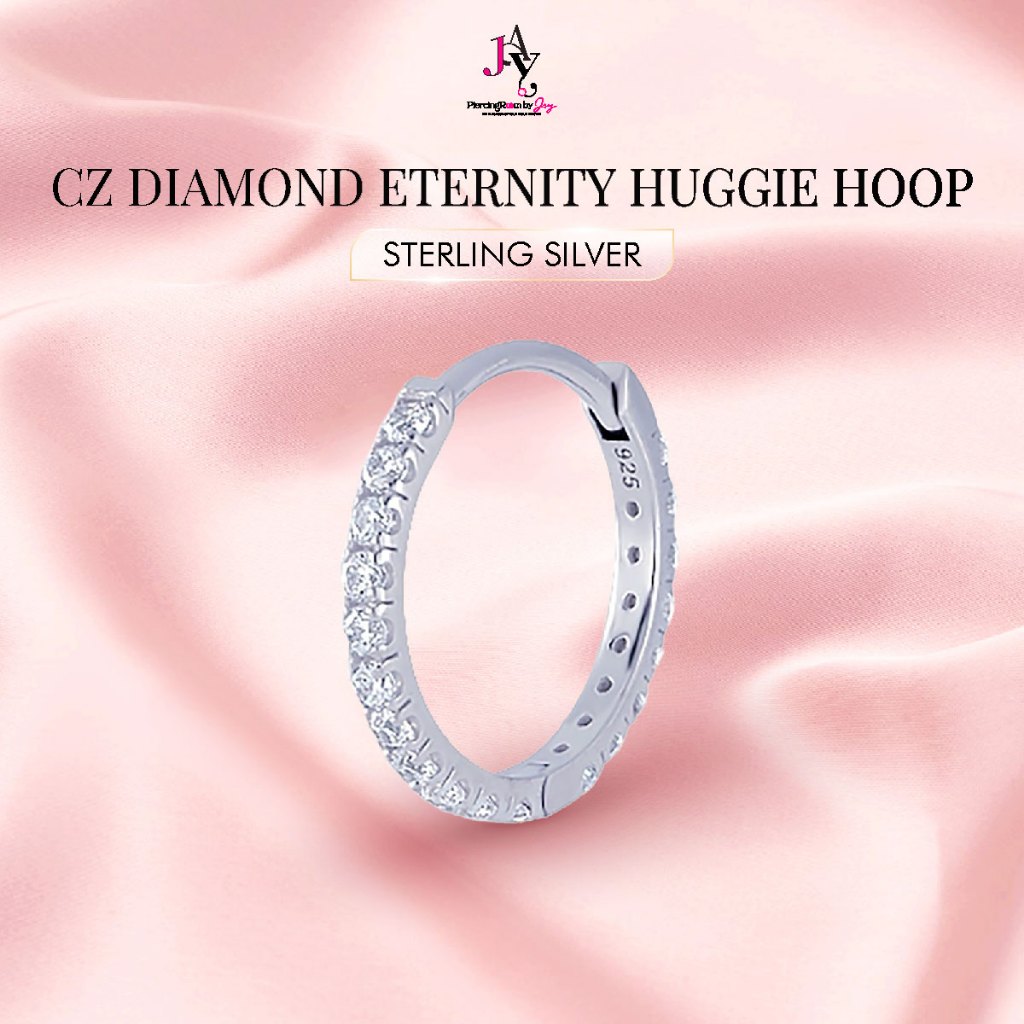 ต่างหูเงินแท้ แบบห่วง ฝังเพชร CZ Diamond Eternity Huggie Hoop (White Gold Plated)(ราคาต่อชิ้น) Piercingroom by Jay