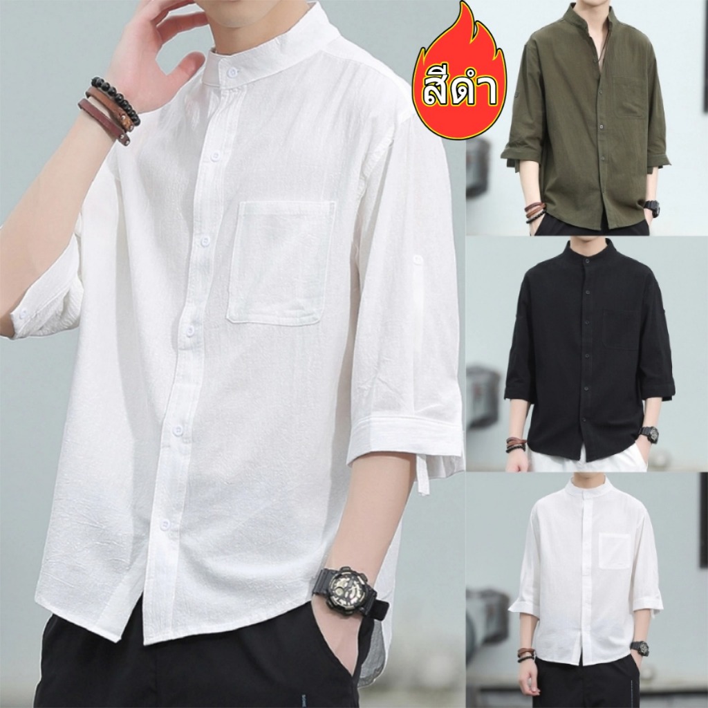 เสื้อเชิ้ตผู้ชายแขนสั้น เสื้อคอจีน ผ้าฝ้าย และผ้าลินิน ใส่สบาย เหมาะกับเดินชายหาด พร้อมส่ง