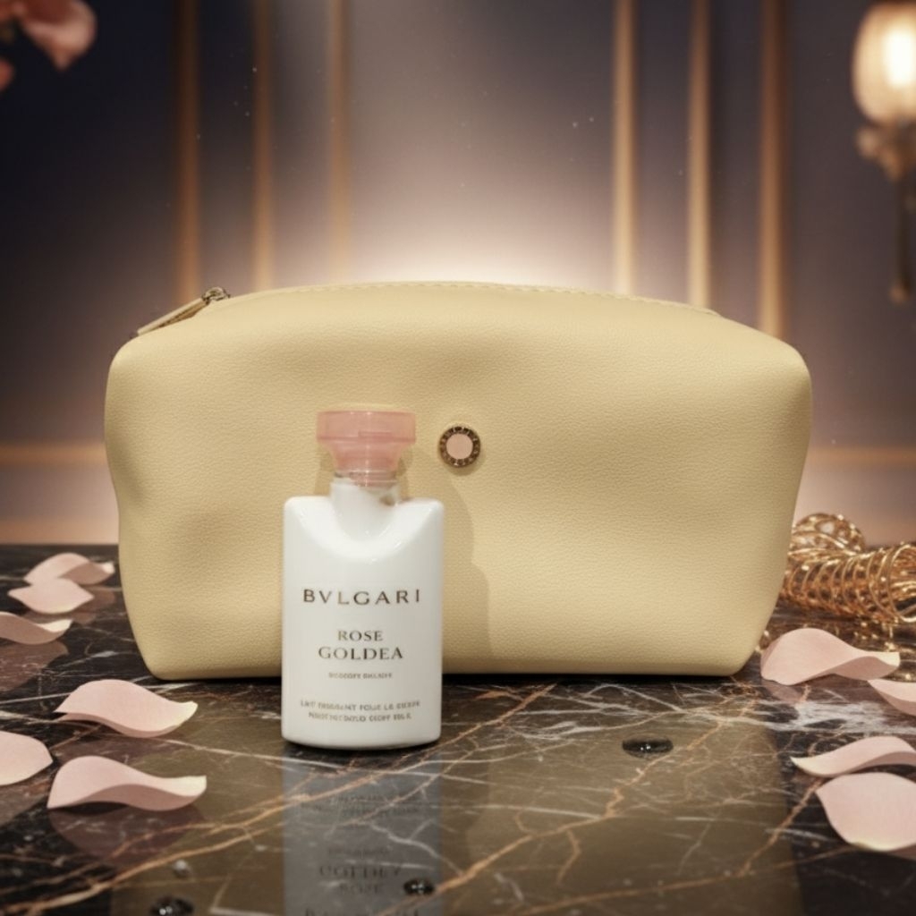 กระเป๋าสีเบจ Bvlgari  Amenity Kit ไม่ผ่านการใช้งาน จากชั้นธุรกิจ Emirates