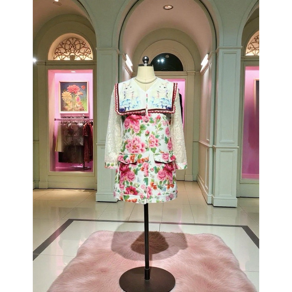 (❌-1 ไซส์ เอวปล่อย) เดรสสั้น คอปก ลายกระต่าย งานป้าย chalita