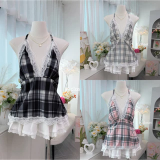 (อก30-42) Victoria Lace Top เสื้อคล้องคอลายสก็อตแต่งขอบลูกไม้ สาวอวบใส่ได้อกถึง 42 นิ้ว