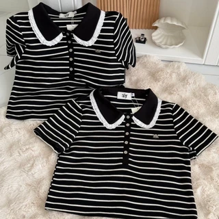 SISSY : เสื้อโปโลแขนสั้น (XS-XXL) คอบัวแต่งขอบลูกไม้ 2 ชั้น ปักอะไหล่เงิน ผ้าถัก cotton แมทซ์ง่ายทุกลุค