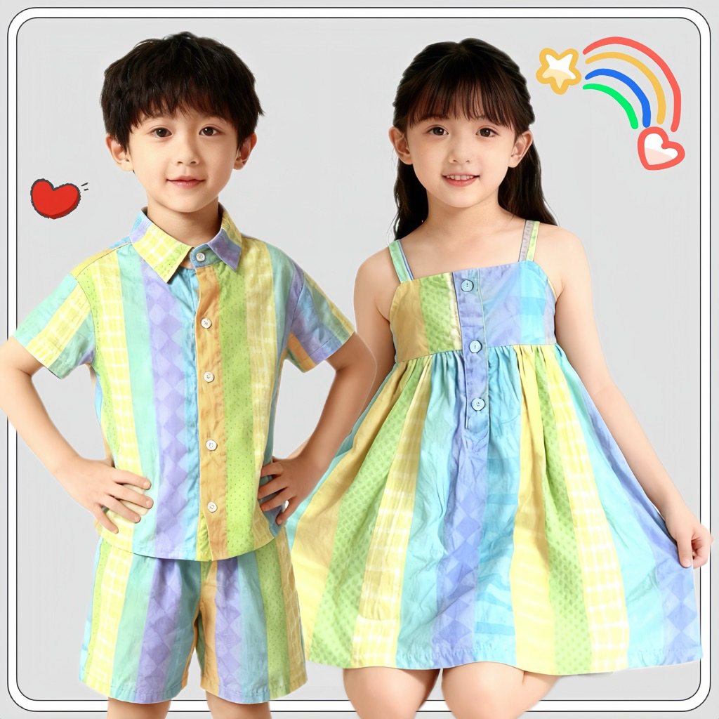 MC036 ชุดเด็ก 👧🏻👦🏻 ชุดคู่พี่น้อง สีเรนโบว์ ใส่อยู่บ้าน ไปเที่ยวทะเล น่ารักมาก