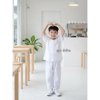 ชุดพื้นเมืองเด็ก ชุดพื้นเมืองคอกลมสีขาว ชุดทำบุญ (เสื้อ+กางเกง)