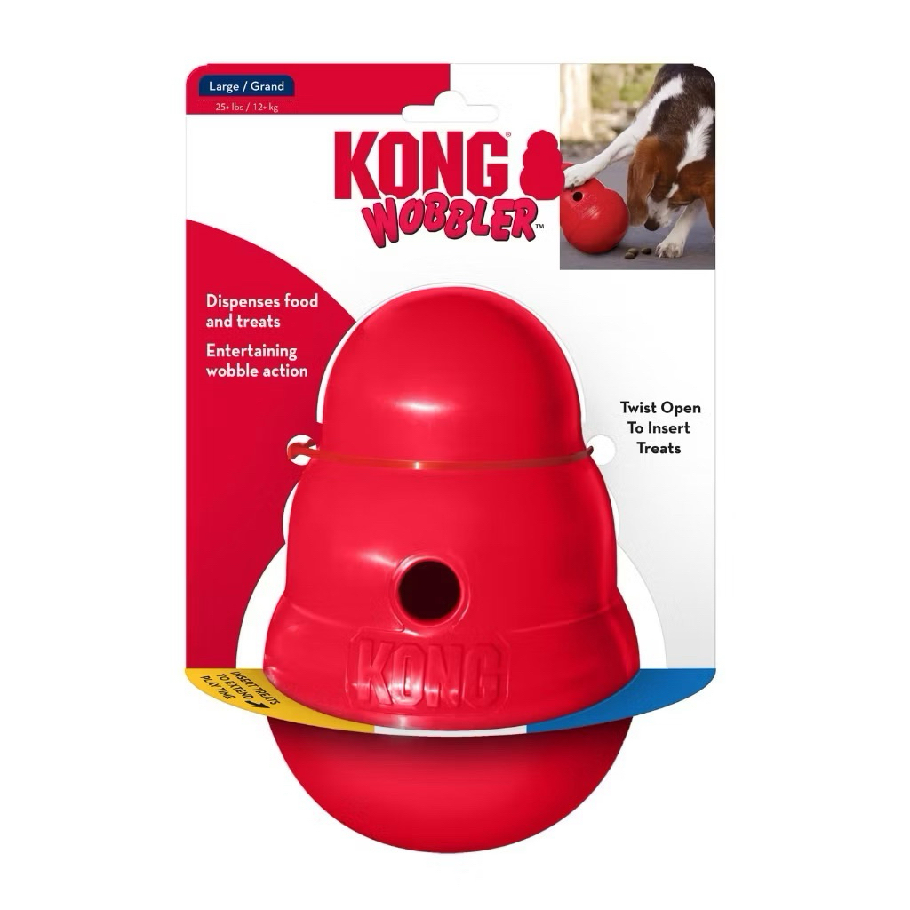KONG Wobbler ของเล่นสำหรับสุนัขขนาดกลางขึ้นไป มีรูเล็กๆ เมื่อสุนัขกลิ้งเล่นหรือกัด จะมีขนมไหลออกมา ส