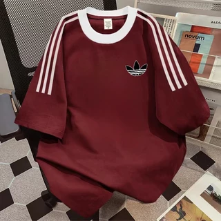 คอกลม สีดำ เสื้อยืดใหม่ล่าสุด สามแถบ แขนสั้น แฟชั่นทันสมัย สำหรับผู้หญิง ผู้ชาย ส่งภายใน 24 ชม
