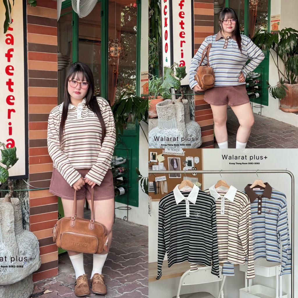 ✅เข้าเพิ่ม✅(WR) เสื้อคอปก แขนยาว ผ้าลายริ้ว ทรงโอเวอร์ไซส์ น่ารัก เก๋ๆ เสื้อผ้าสาวอวบอ้วน พลัสไซส์ ไซส์ใหญ่