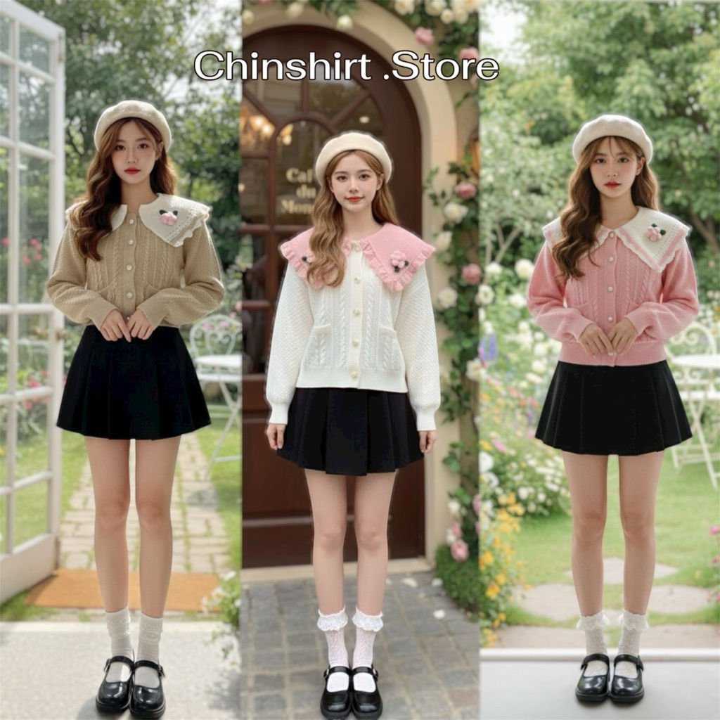 Chinshirt เสื้อคลุมไหมพรมผู้หญิงน่ารักคอปกเลเยอร์ปักลายดอกไม้ Sweater Clothing G10ดอกไม้