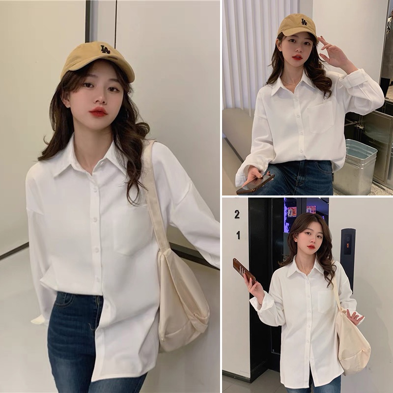 🚚ส่งจากไทย✨เสื้อเชิ้ตผู้หญิงแขนยาว เสื้อสีขาว คอปก ลำลองทรงหลวม สไตล์เกาหลี เรียบง่ายใหม่ สวมใส่สบาย #F063