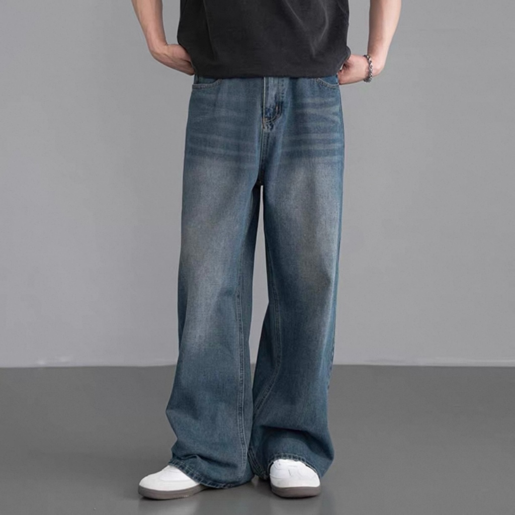 BLAZE ผู้ชายวินเทจล้างกางเกงยีนส์ตรงพอดีหลวมกางเกง 5 สี M-3XL ขนาดเอวสูงกว้างขากางเกง - รูปที่ 3