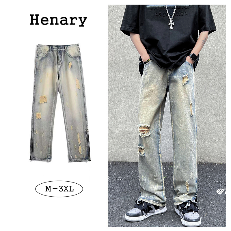Henary กางเกงยีนส์ผู้ชาย ทรงตรง เท่ๆ สไตล์เกาหลี/อเมริกัน แยกซิป สีฟ้าอ่อน M-3XL เหมาะกับทุกรูปขา