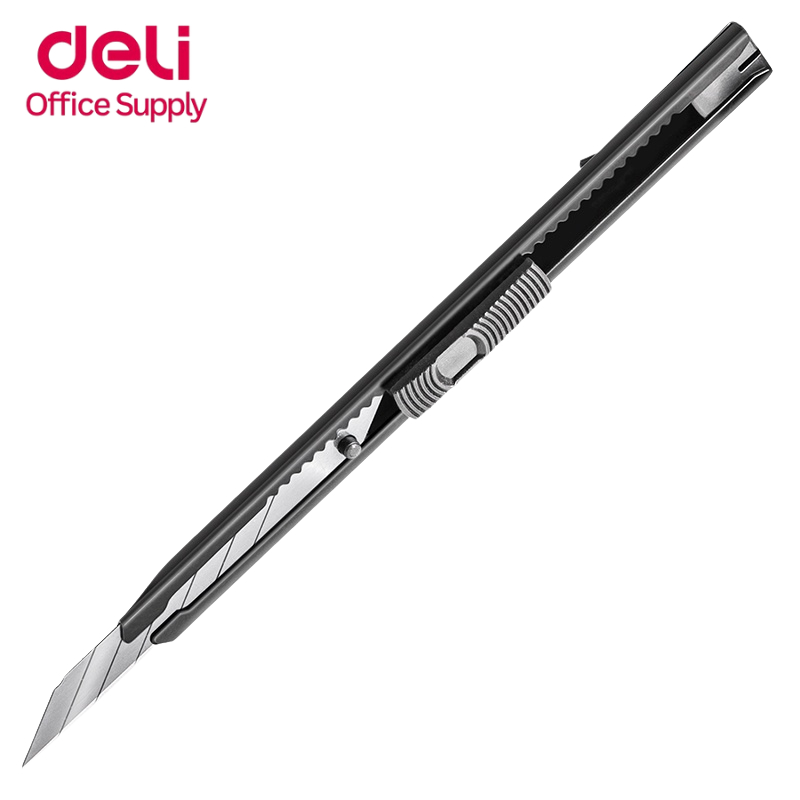 Deli คัตเตอร์ มีดคัตเตอร์ ด้ามแสตนเลส 9มม หักเปลี่ยนใบมีดได้ ใบมีดเอียง คม ทนทาน มีฝาปิดท้าย อเนกประสงค์ คุณภาพดี Cutter
