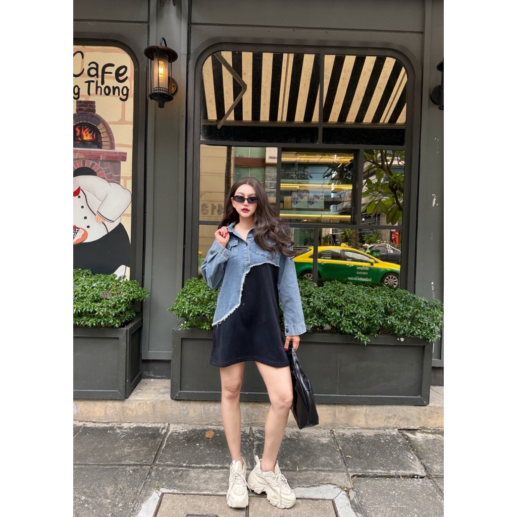 มินิเดรส แขนยาว ยีนส์แต่งลุย ตัดต่อคอตตอนนิ่ม มี 3 สี