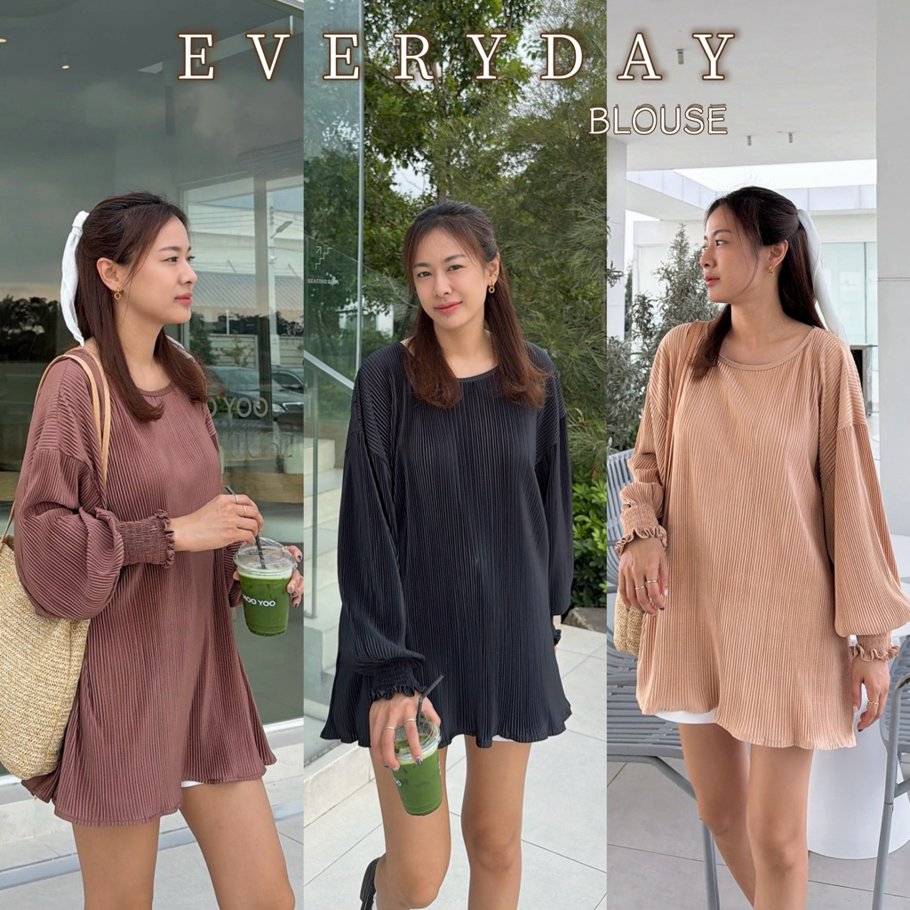 🍵 𝗘𝗩𝗘𝗥𝗬𝗗𝗔𝗬 𝗕𝗟𝗢𝗨𝗦𝗘 เสื้อแขนยาวผ้าพลีท ไม่ต้องรีด detail ปลายแขนจั้ม