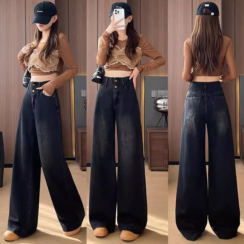 S~5XL jeans Black งเกงยีนส์ เอวสูง ทรงหลวม ยีนส์ กางเกงยีน ผู้หญิง แนววินเทจ denim pants ไซส์ใหญ่ กระดุม พลัสไซส์ HOT