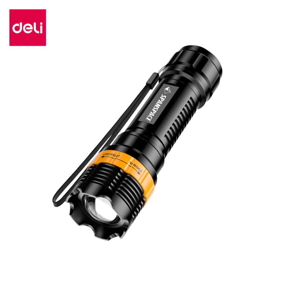 Deli ไฟฉายแรงสูง ไฟฉาย led ส่องสว่าง ซูมได้ พกพา ทนทาน ชาร์จได้ โดนน้ำโดนฝนได้ ชาร์จ USB Flashlight