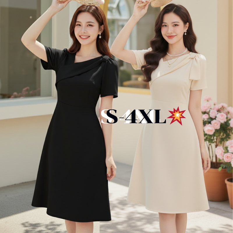 เดรสสั้นคอกลมสำหรับสาวไซซ์มินิ สไตล์คุณหนูหรูหรา ดีไซน์โบว์เก๋ เน้นเอว ใส่แล้วดูผอม ดูสูง