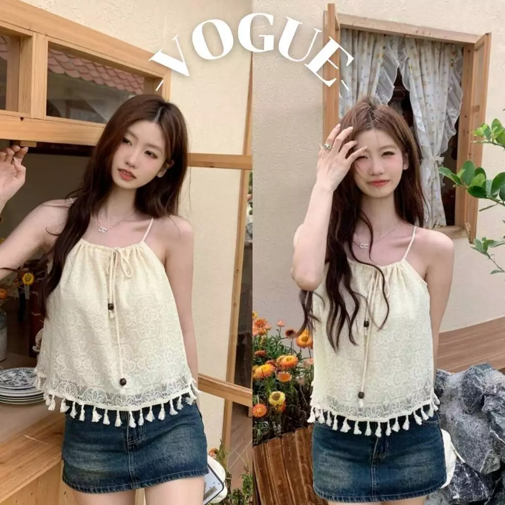 Vogue🌟พร้อมส่ง🌟 เสื้อสายเดี่ยวถักไหมพรม ดีเทลปลายทิ้ง ลวดลายเก๋ๆ (61800)
