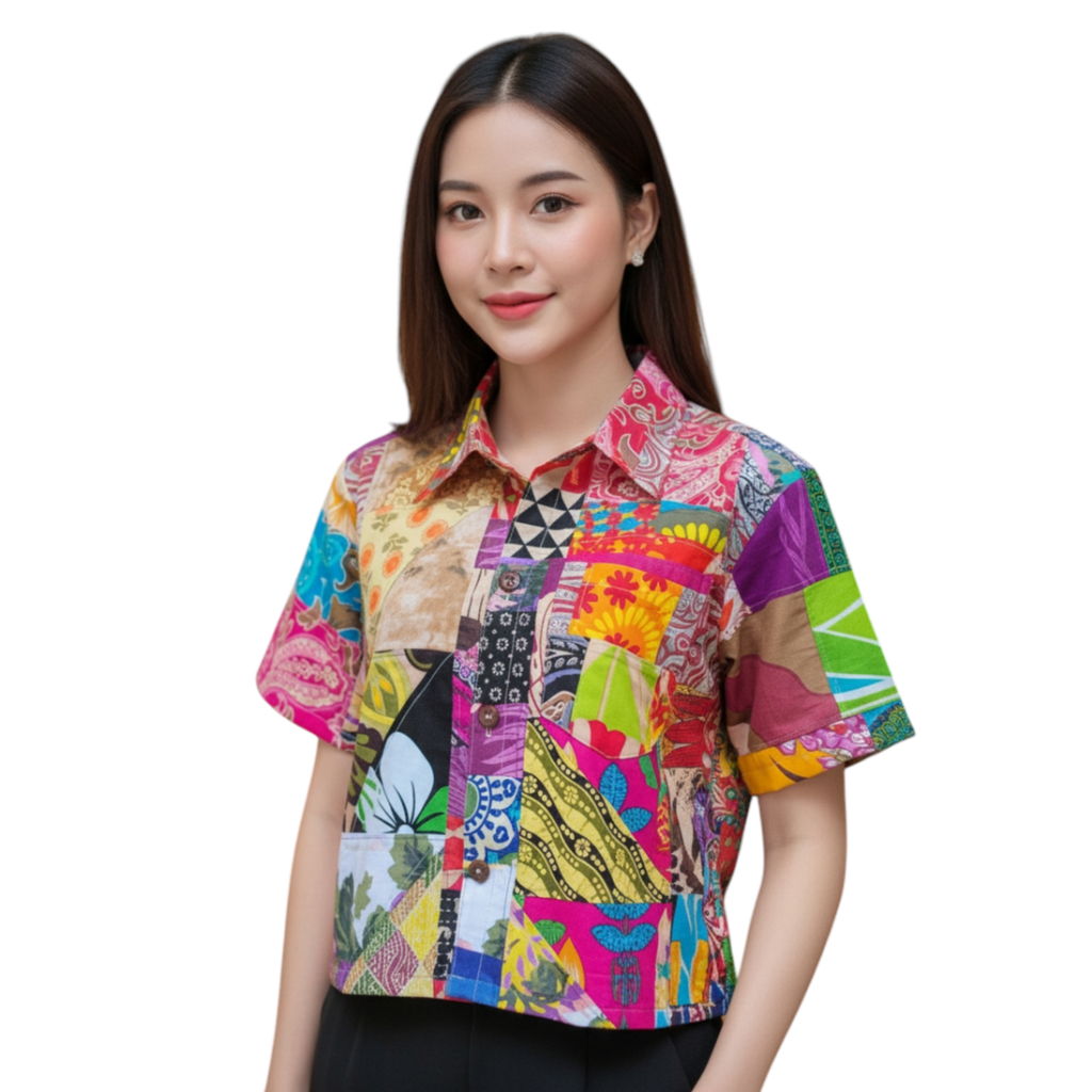 🌿 เสื้อครอปคอเชิ้ต สไตล์โบฮีเมียน | Handmade Patchwork รอบตัว | อัดกาวทั้งตัว อยู่ทรงสวย | M–6XL 🌈