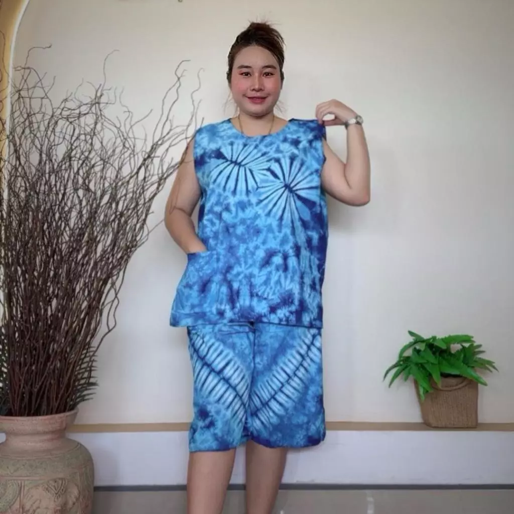 ชุดเซ็ตเสื้อแขนกุดกางเกงมัดย้อม ผ้าคอตตอน ไซส์ XL thumbnail 4