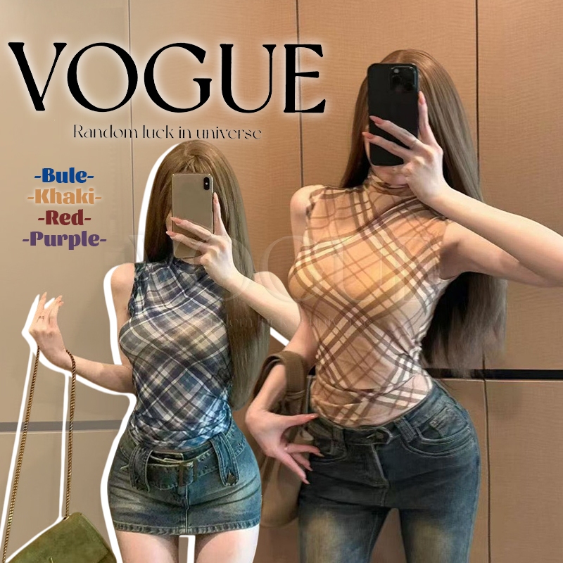 Vogue🌟พร้อมส่ง🌟 เสื้อแขนสั้น/เกาะอกเสริมฟองน้ำ ดีเทลลายสก็อตสีพาสเทลน่ารักเกาหลีมาก (FY2133/FY8711)