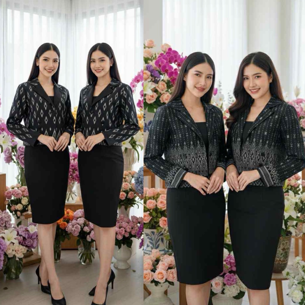 สูทผ้าไทยผู้หญิงสีดำ สุภาพ เรียบหรู แพทเทิร์นนำสมัย