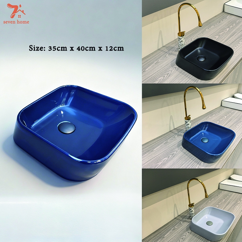 อ่างล้างหน้าบนโต๊ะสไตล์โมเดิร์น ขอบสีดำ/ฟ้า/เทาอ่อน  พื้นผิวเรียบลื่น ใช้งานง่าย สำหรับห้องน้ำสุดหรู