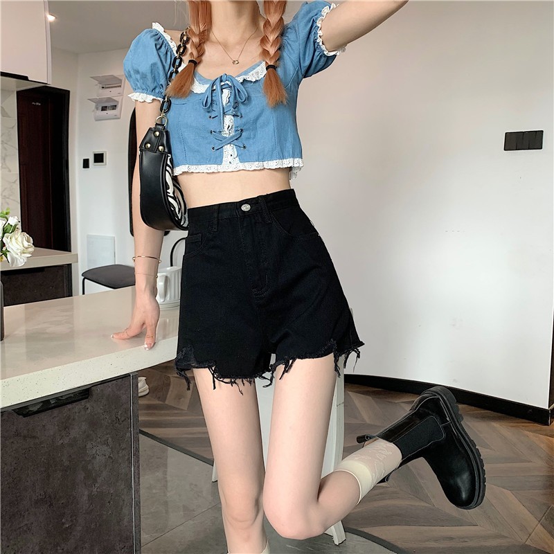 🌸COCO.BRA🌸กางเกงยีนขาสั้น เอวสูง สไตล์เกาหลี กางเกงขาสั้นผู้หญิง เอวสูง ขอบรุ่ย กางเกงยีนส์ขาสั้น - รูปที่ 5