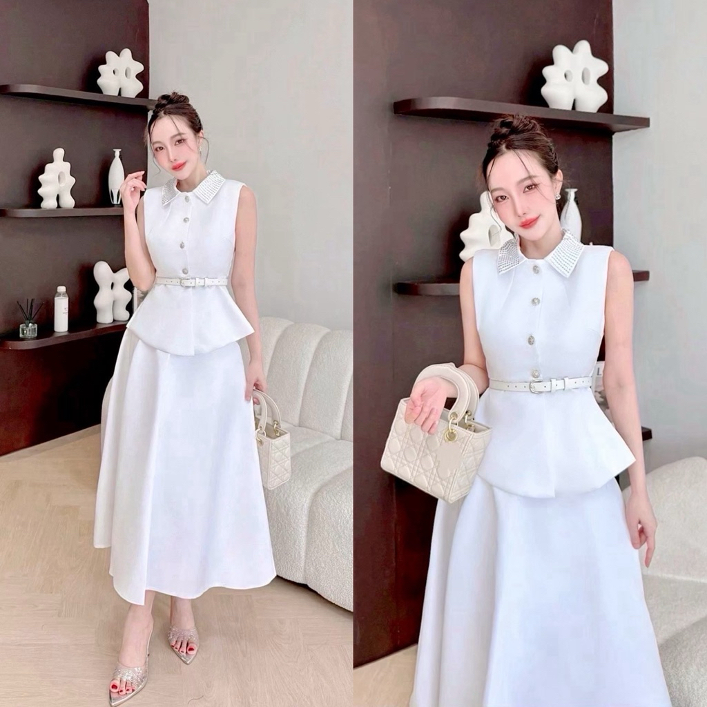 เซ็ตเสื้อแขนกุดสีขาวคอปกเพชรกระโปรงยาว(01042SB)