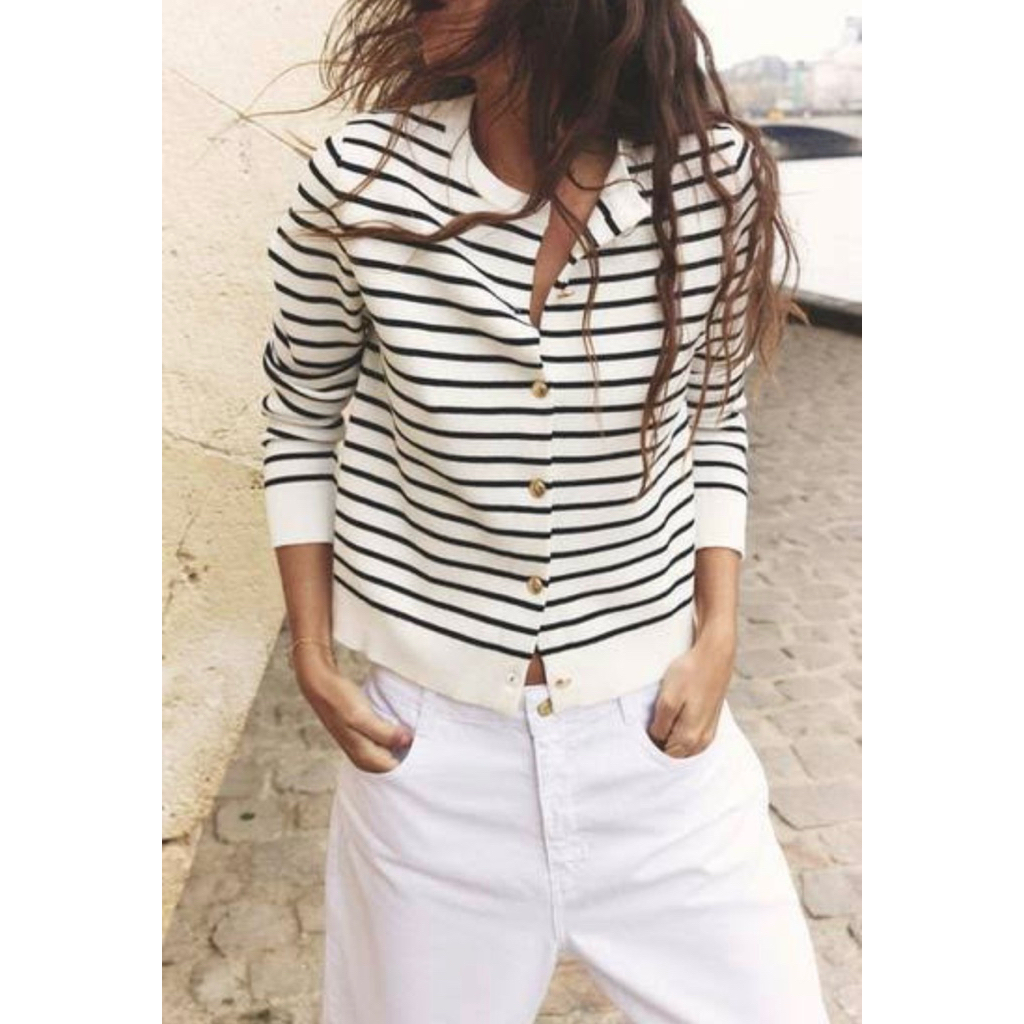 ZARA Cardigan เสื้อไหมพรมลายขวางสีขาวดำ ผ้ายืดได้เยอะ